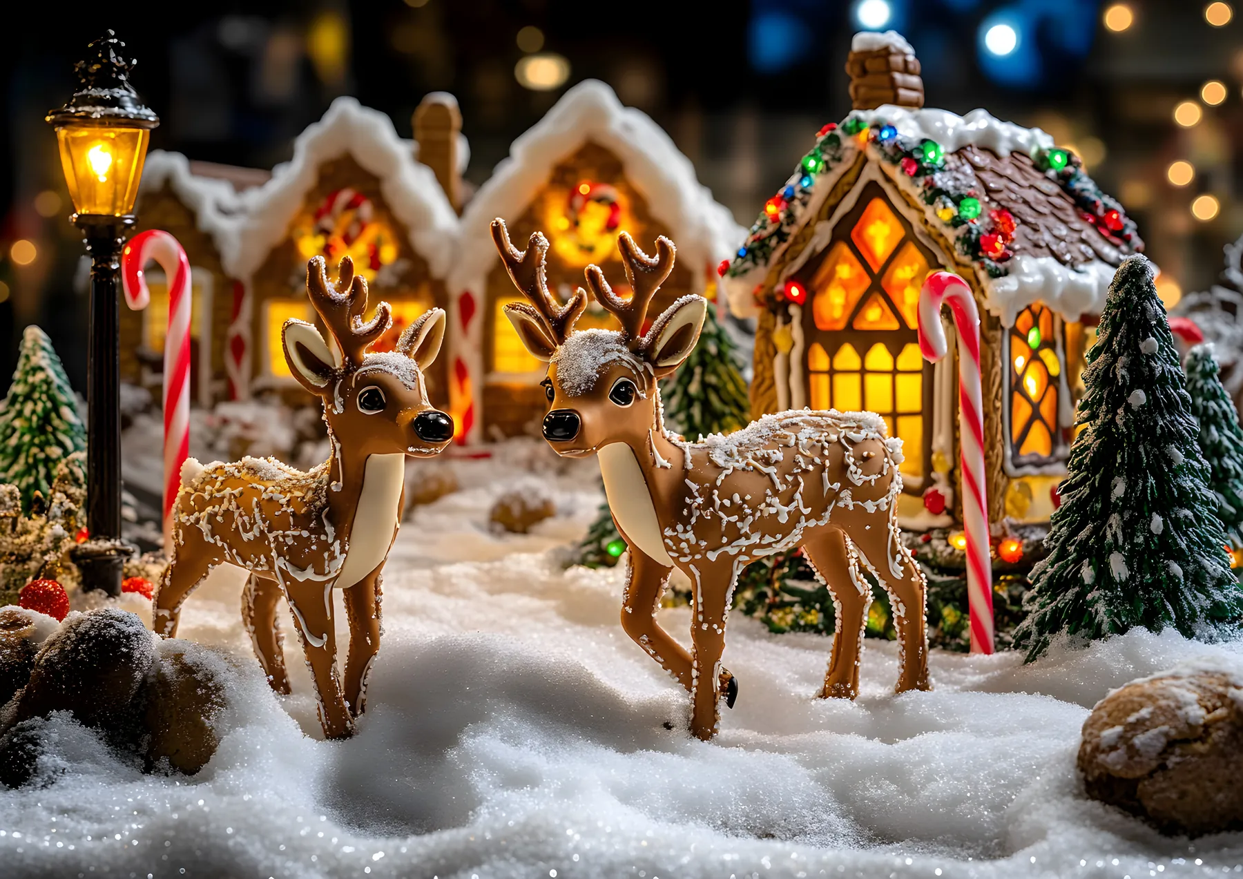 Chocolate reindeer in a snowy bakery window with glowing gingerbread houses and lanterns