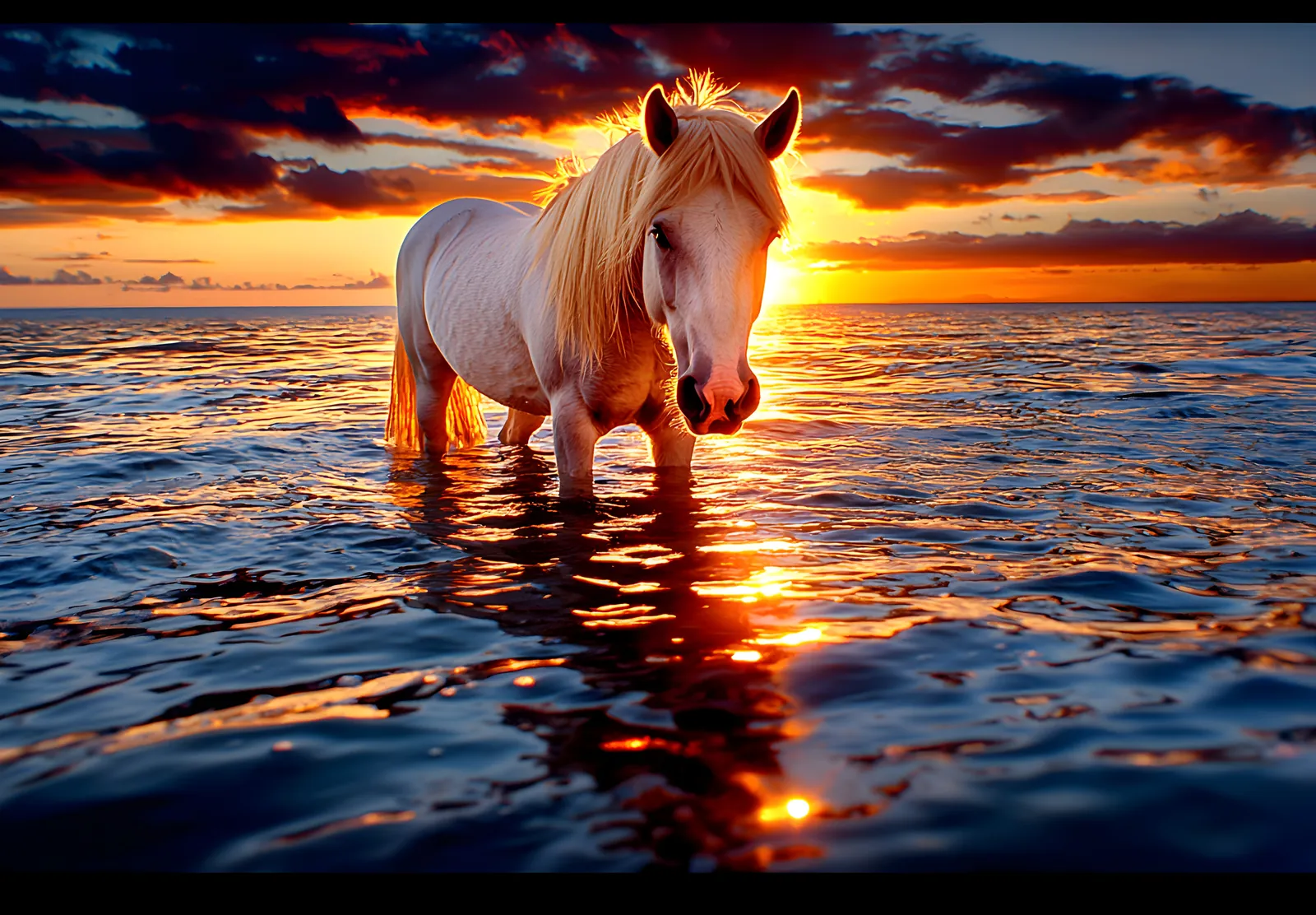 A white pony standing in shallow water at sunset